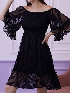 Athena Black Off-Shoulder Floral Sheer Lace Dress